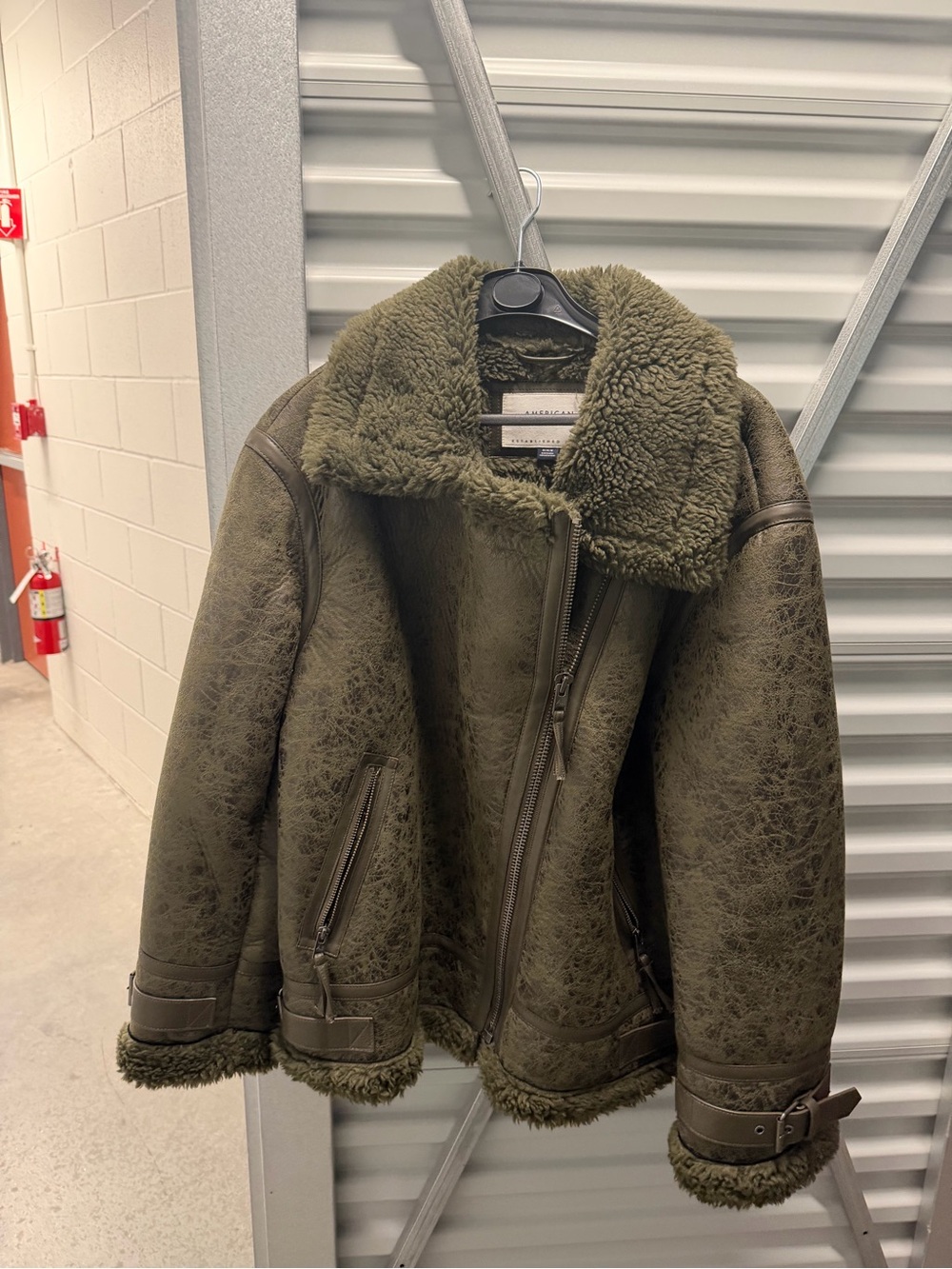 American Eagle Outfitters Olive Shearling Aviator-Style Jacket
